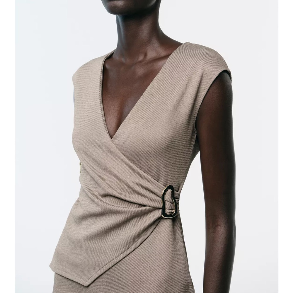 Zara NWT taupe beige tan wrap gold appliqué v neck midi dress - Picture 6 of 10